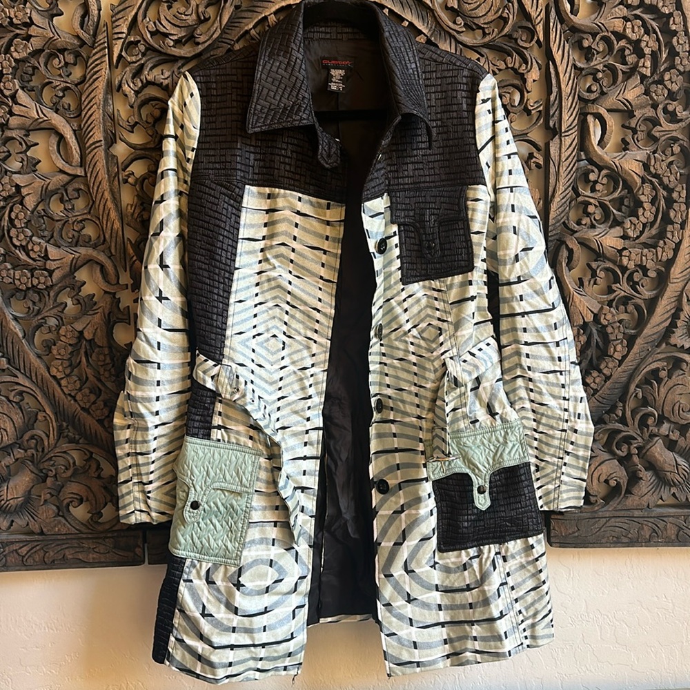Custo Barcelona Metallic Stripes Grid Textured Jacket Trench Coat Size 40 Spain